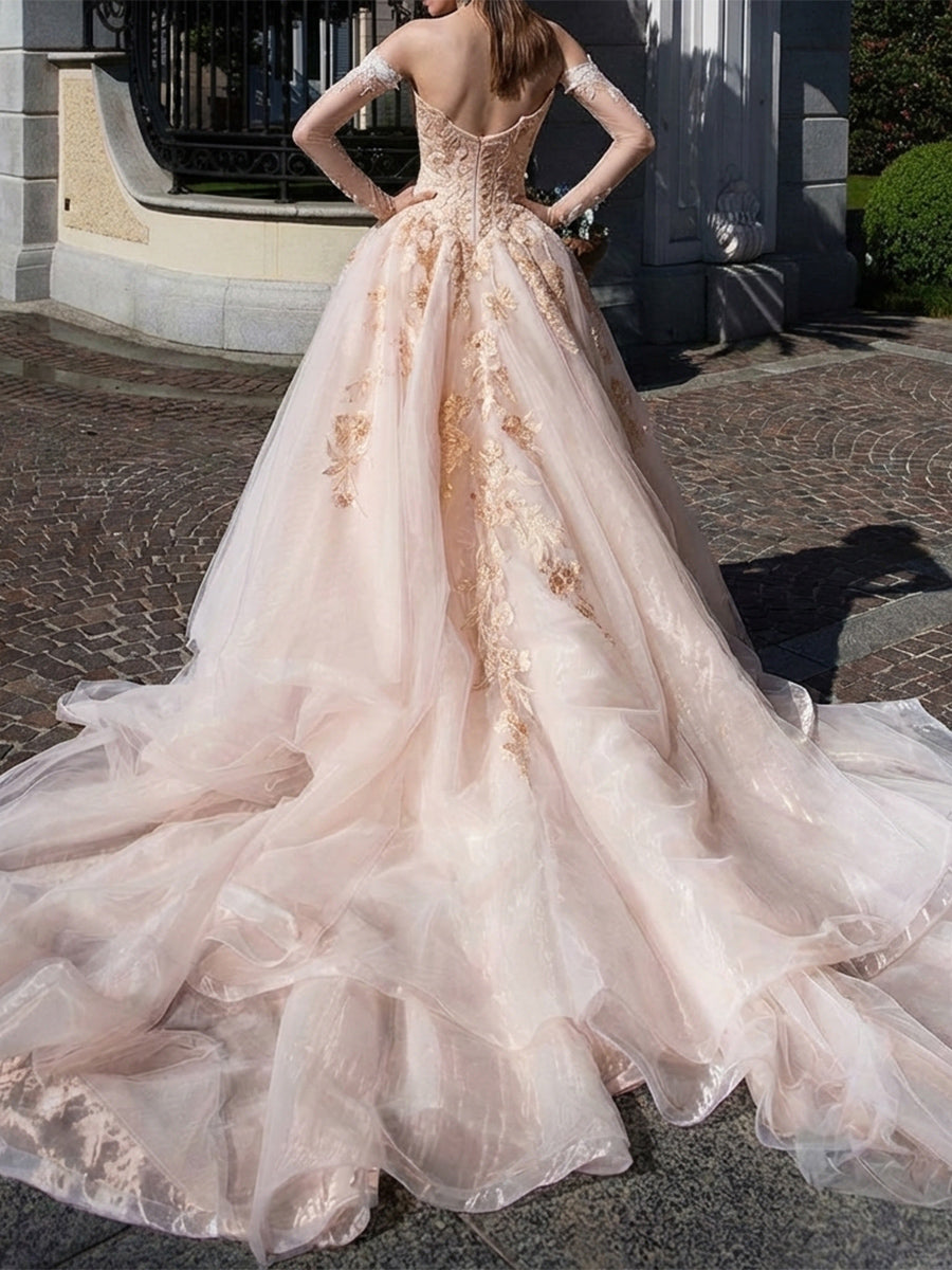A-line/Princess Off-the-Shoulder Long Sleeves Appliques Lace Cathedral Train Tulle Wedding Dresses