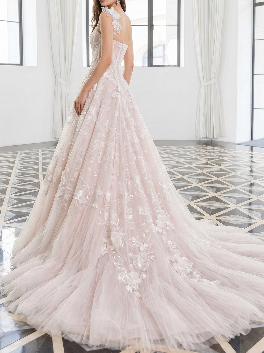 A-line/Princess Sweetheart Appliques Lace Sweep Train Lace Wedding Dresses