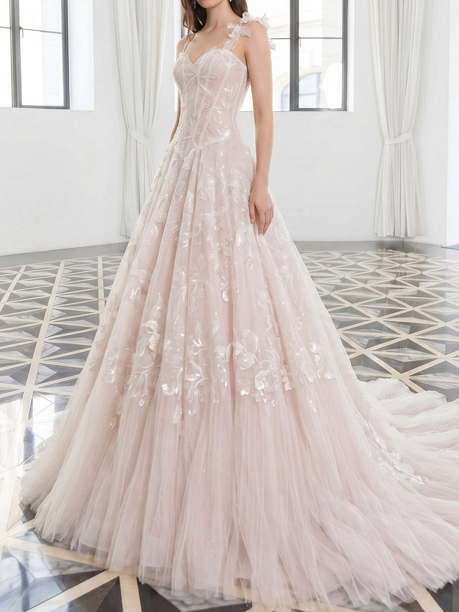 A-line/Princess Sweetheart Appliques Lace Sweep Train Lace Wedding Dresses