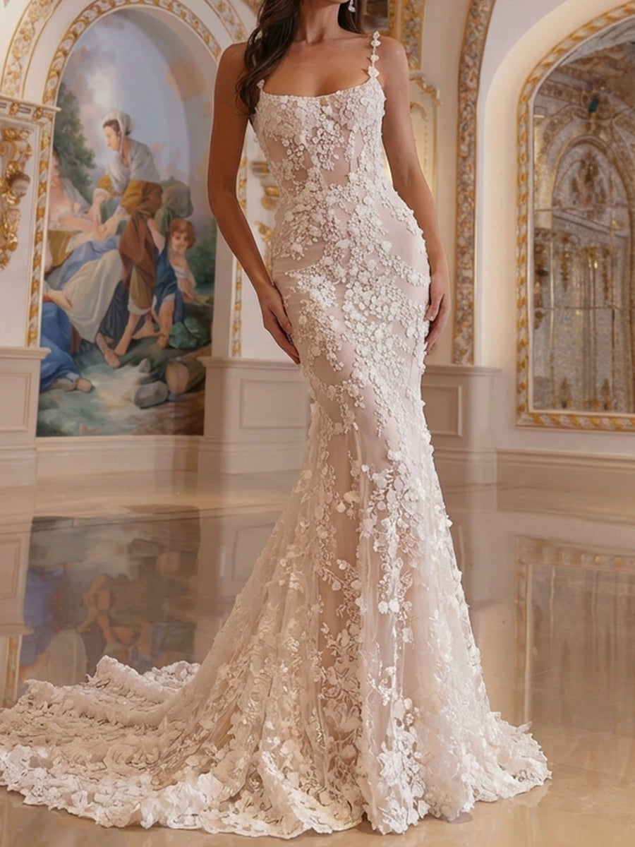 Trumpet/Mermaid Spaghetti Straps Appliques Lace Court Train Lace Wedding Dresses
