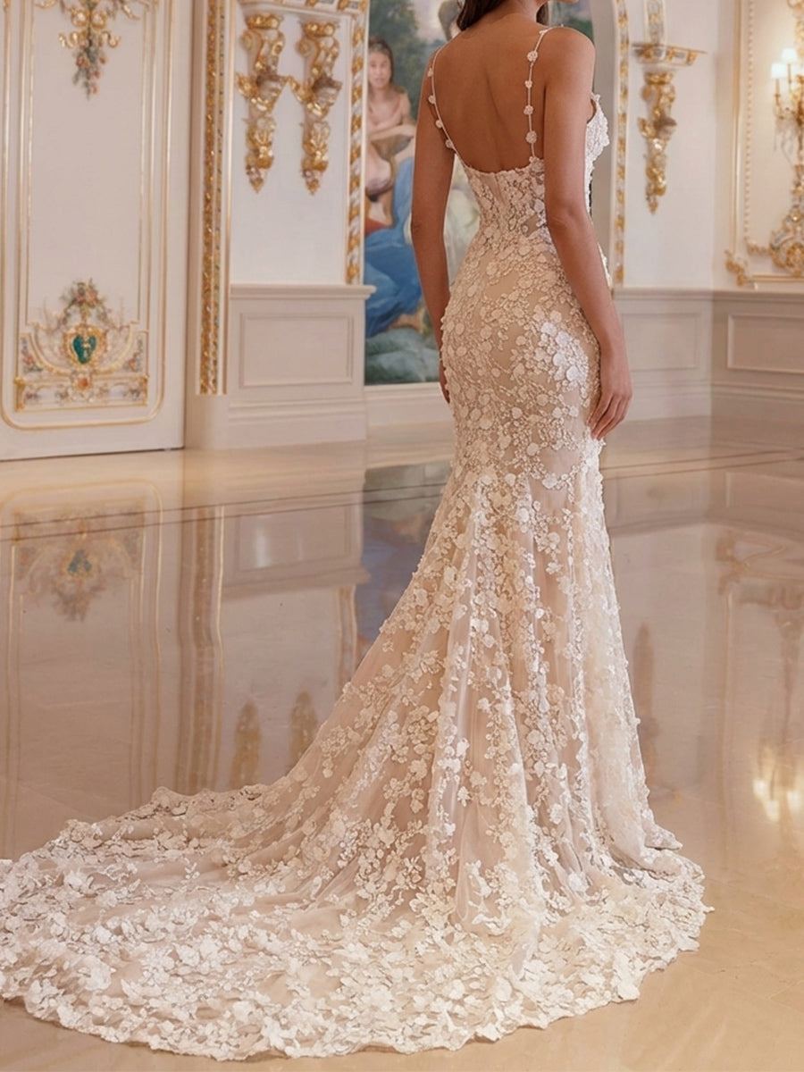 Trumpet/Mermaid Spaghetti Straps Appliques Lace Court Train Lace Wedding Dresses