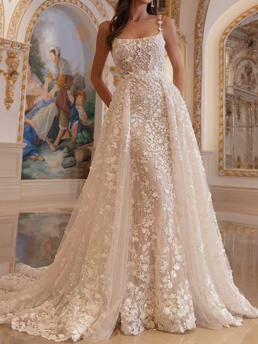 Trumpet/Mermaid Spaghetti Straps Appliques Lace Court Train Lace Wedding Dresses