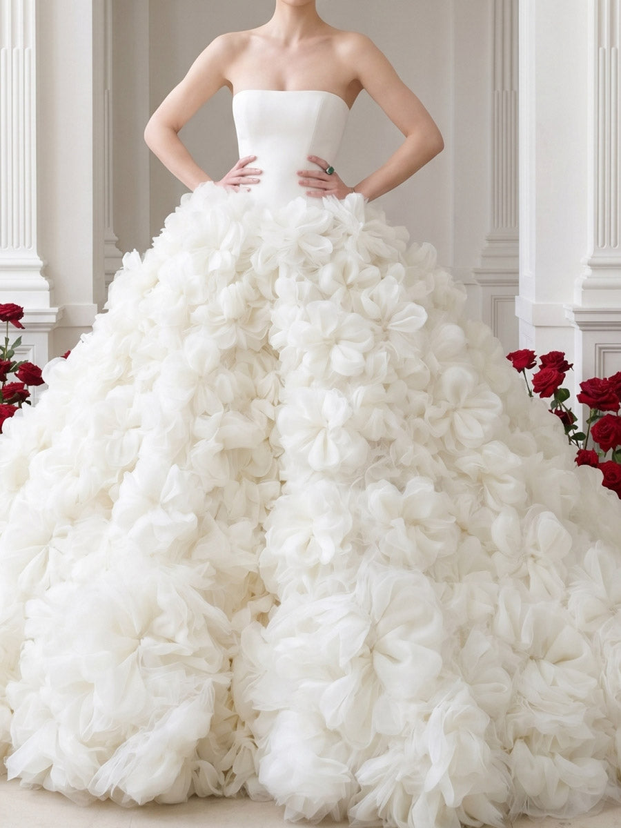 Ball-Gown Scoop Flower Sweep Train Tulle Wedding Dresses
