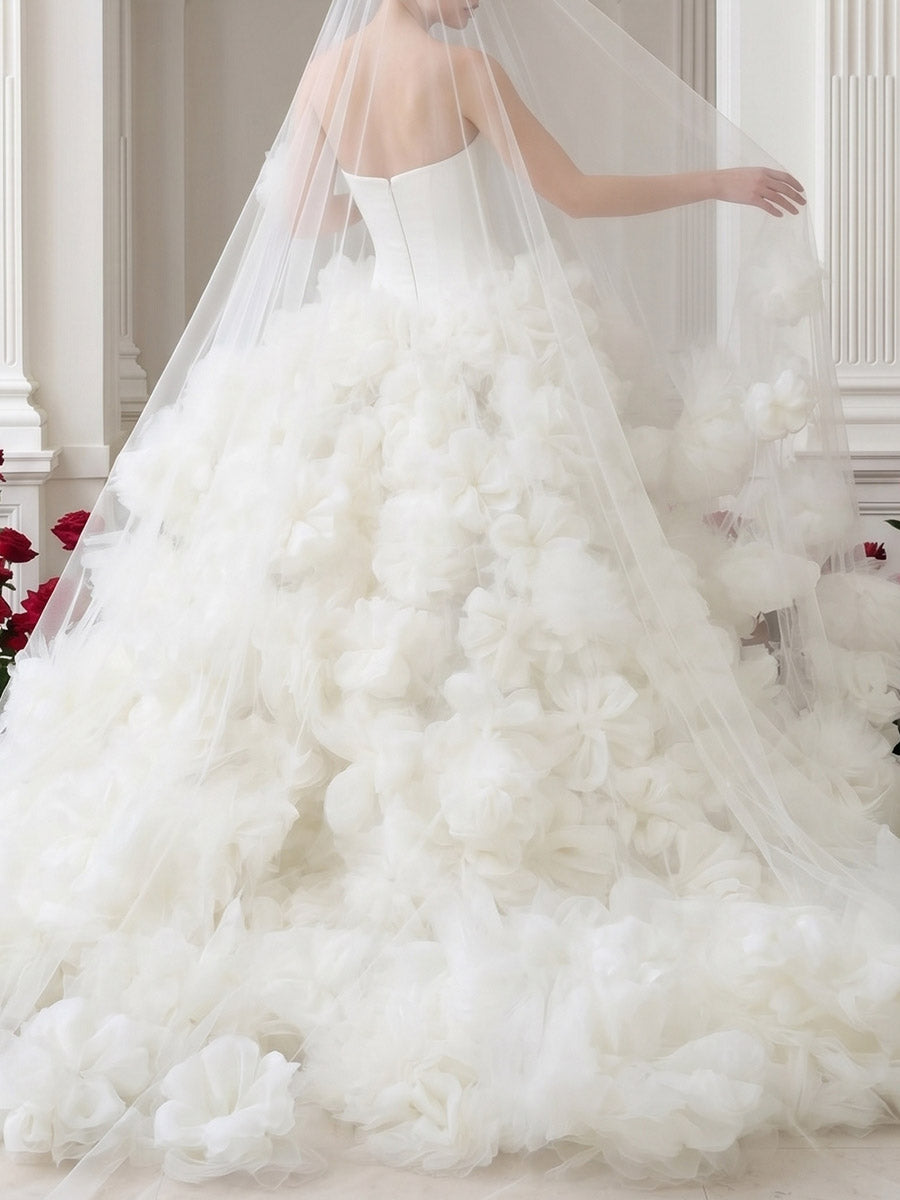 Ball-Gown Scoop Flower Sweep Train Tulle Wedding Dresses