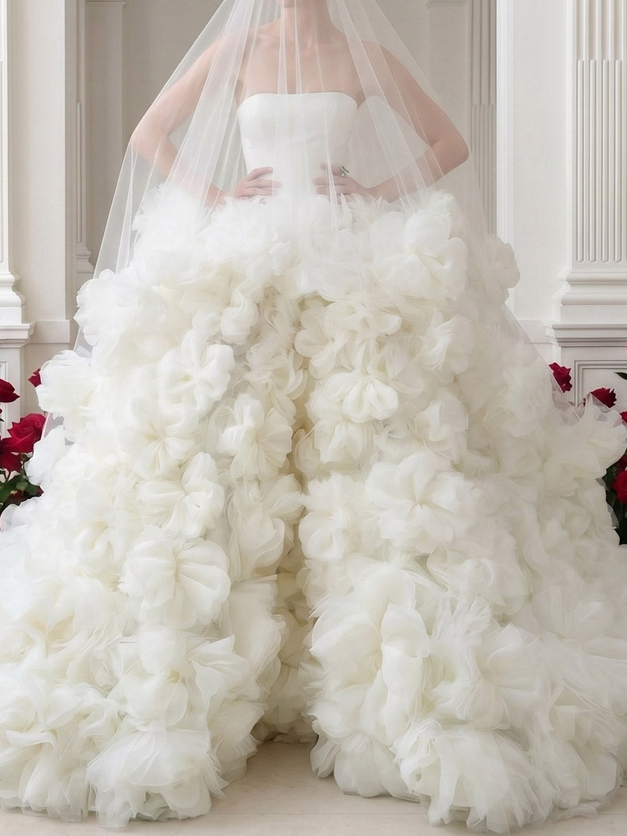 Ball-Gown Scoop Flower Sweep Train Tulle Wedding Dresses