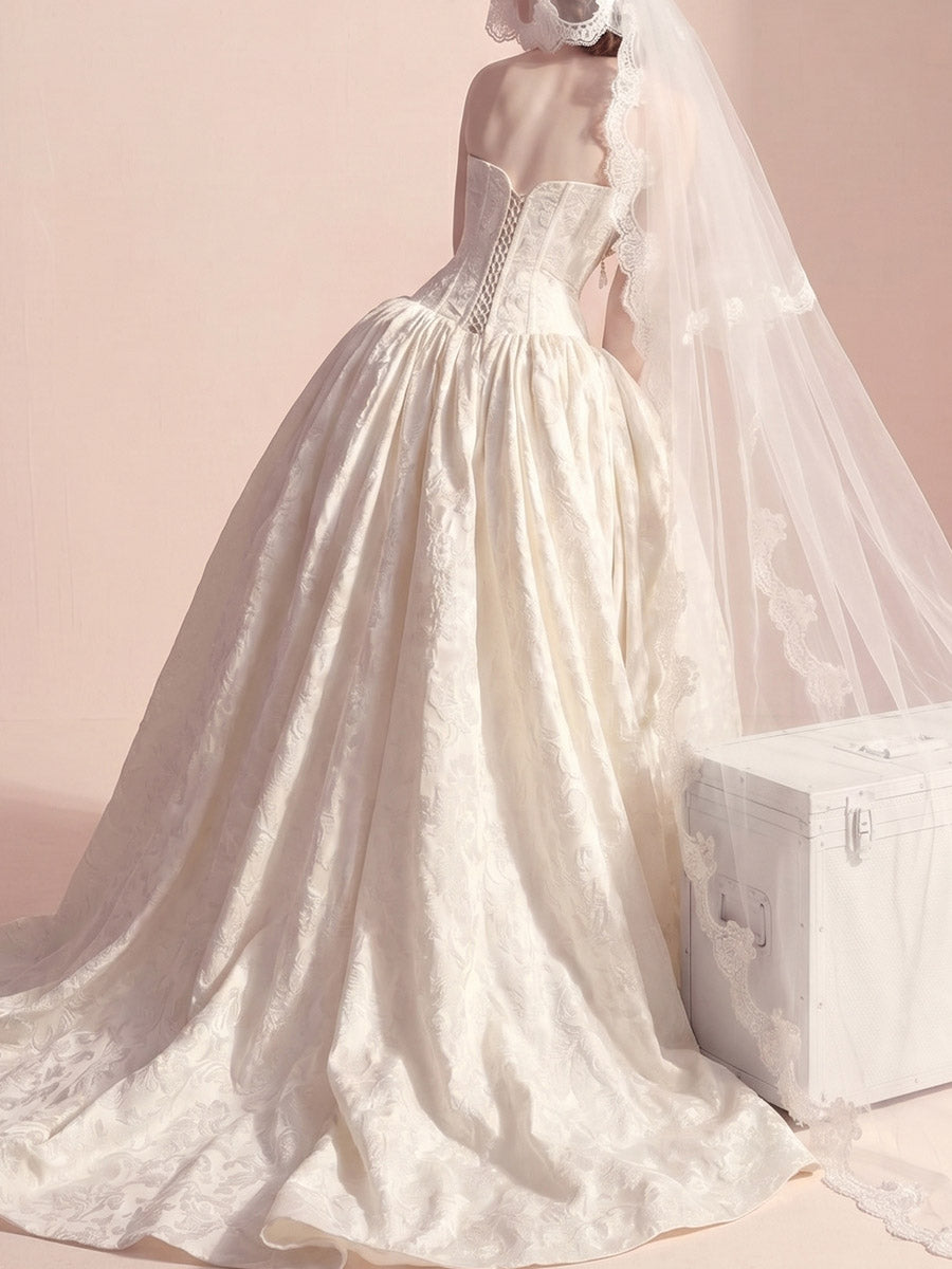 A-line/Princess Scoop Beading Sweep Train Satin Wedding Dresses