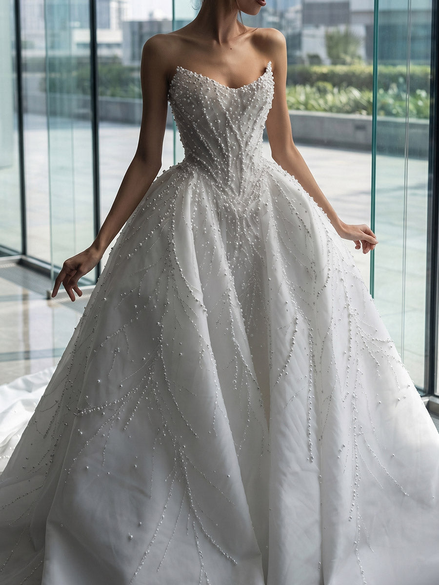 A-line/Princess Scoop Beading Court Train Stretch Crepe Wedding Dresses
