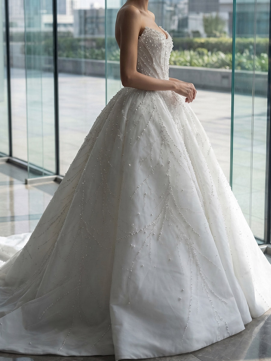 A-line/Princess Scoop Beading Court Train Stretch Crepe Wedding Dresses