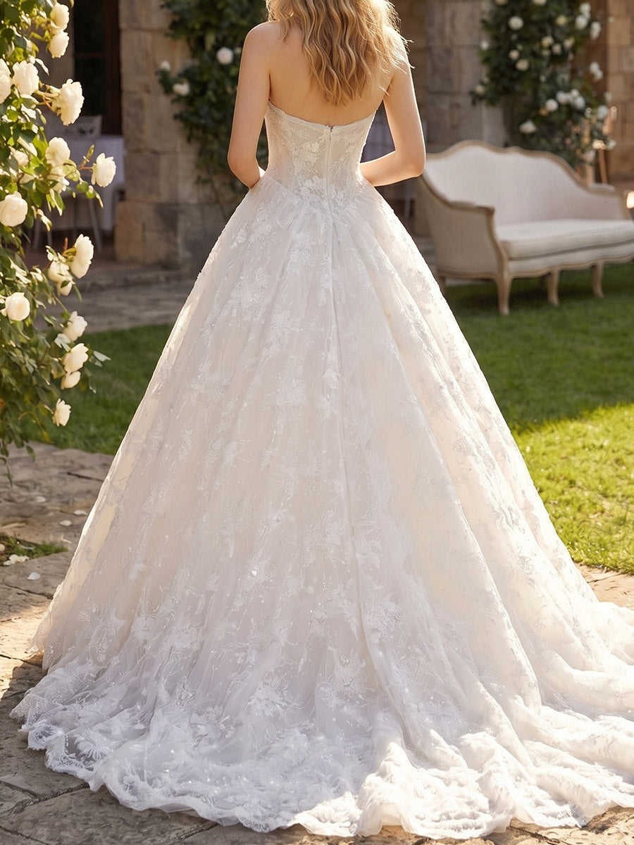 A-line/Princess Sweetheart Appliques Lace Sweep Train Lace Wedding Dresses