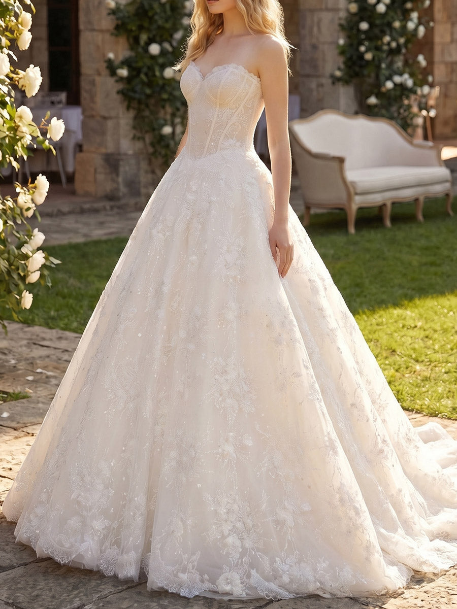 A-line/Princess Sweetheart Appliques Lace Sweep Train Lace Wedding Dresses