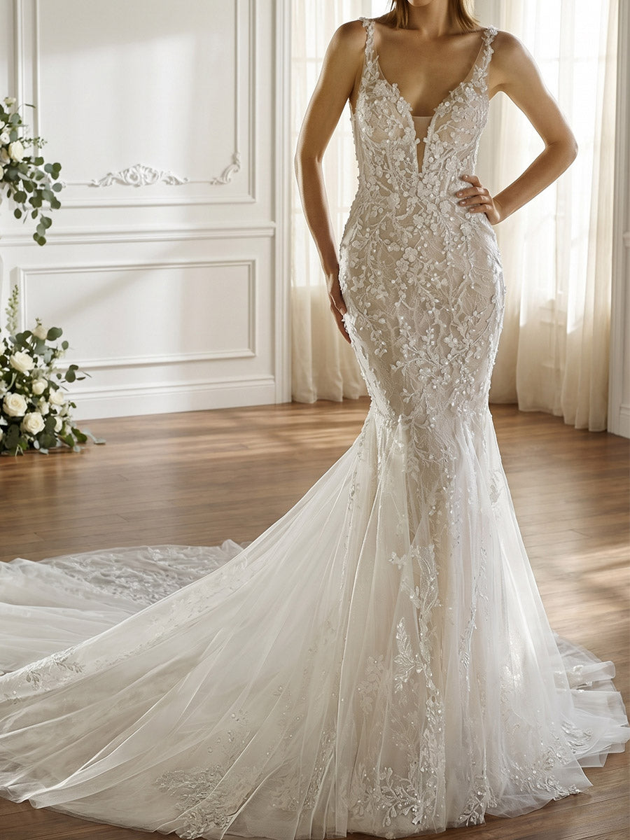 Sheath/Column Straps Appliques Lace Court Train Lace Wedding Dresses
