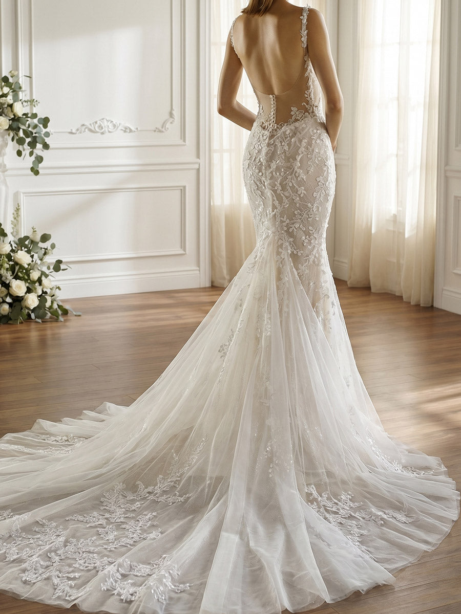 Sheath/Column Straps Appliques Lace Court Train Lace Wedding Dresses