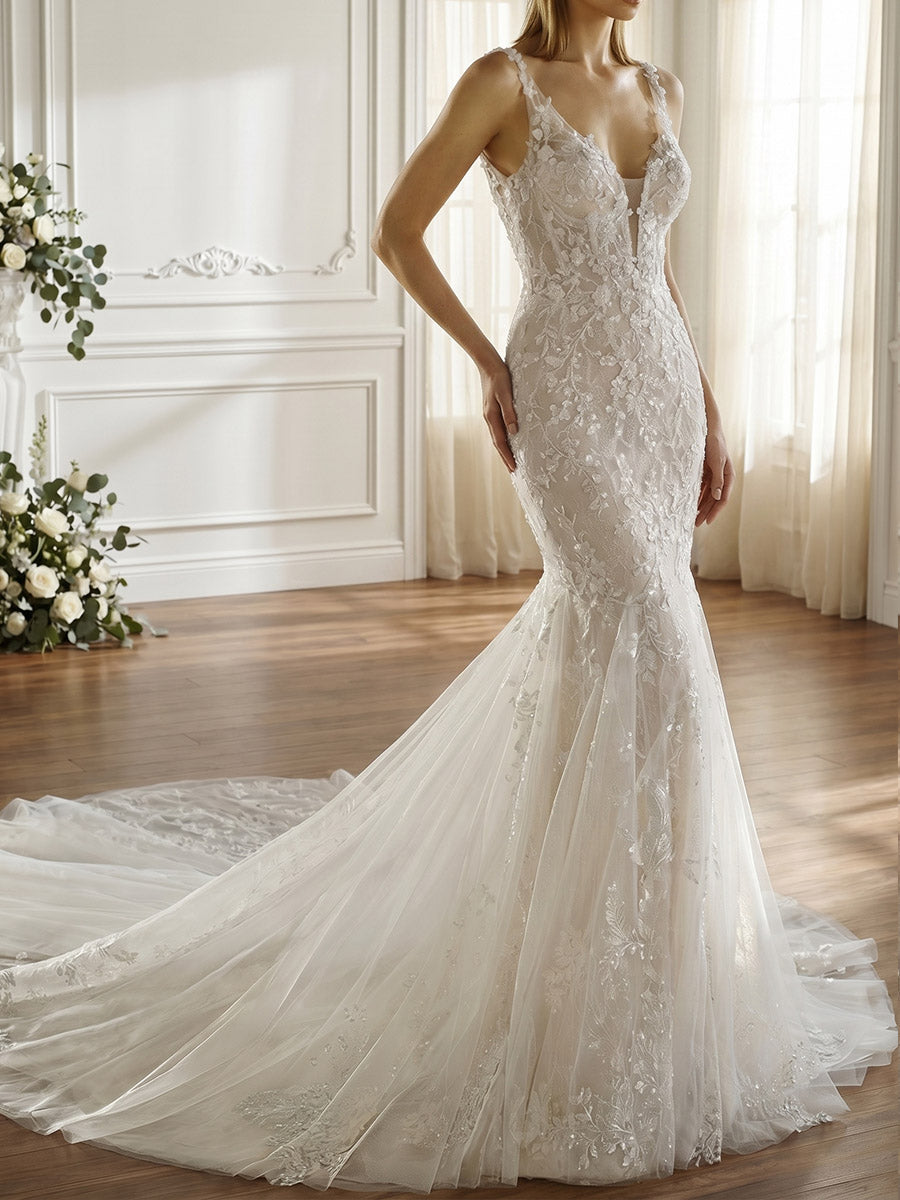 Sheath/Column Straps Appliques Lace Court Train Lace Wedding Dresses