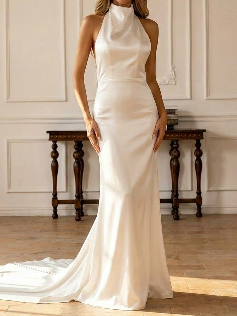 Trumpet/Mermaid Halter Pleated Chapel Train Satin Wedding Dresses
