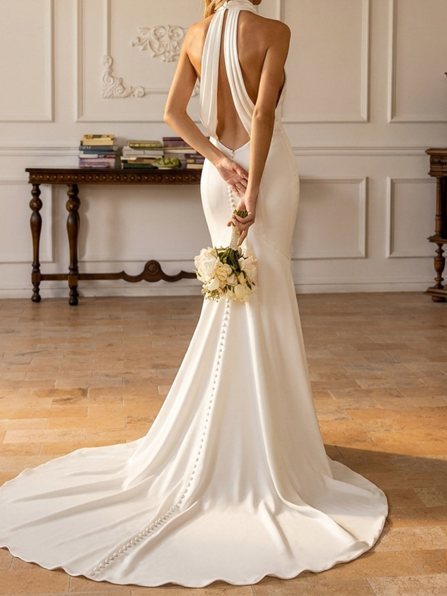 Trumpet/Mermaid Halter Pleated Chapel Train Satin Wedding Dresses
