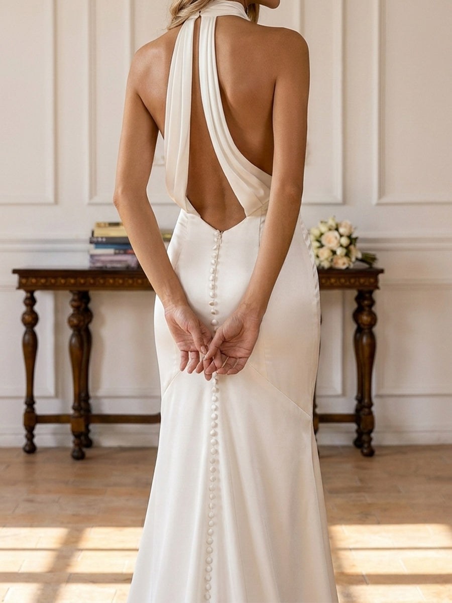 Trumpet/Mermaid Halter Pleated Chapel Train Satin Wedding Dresses