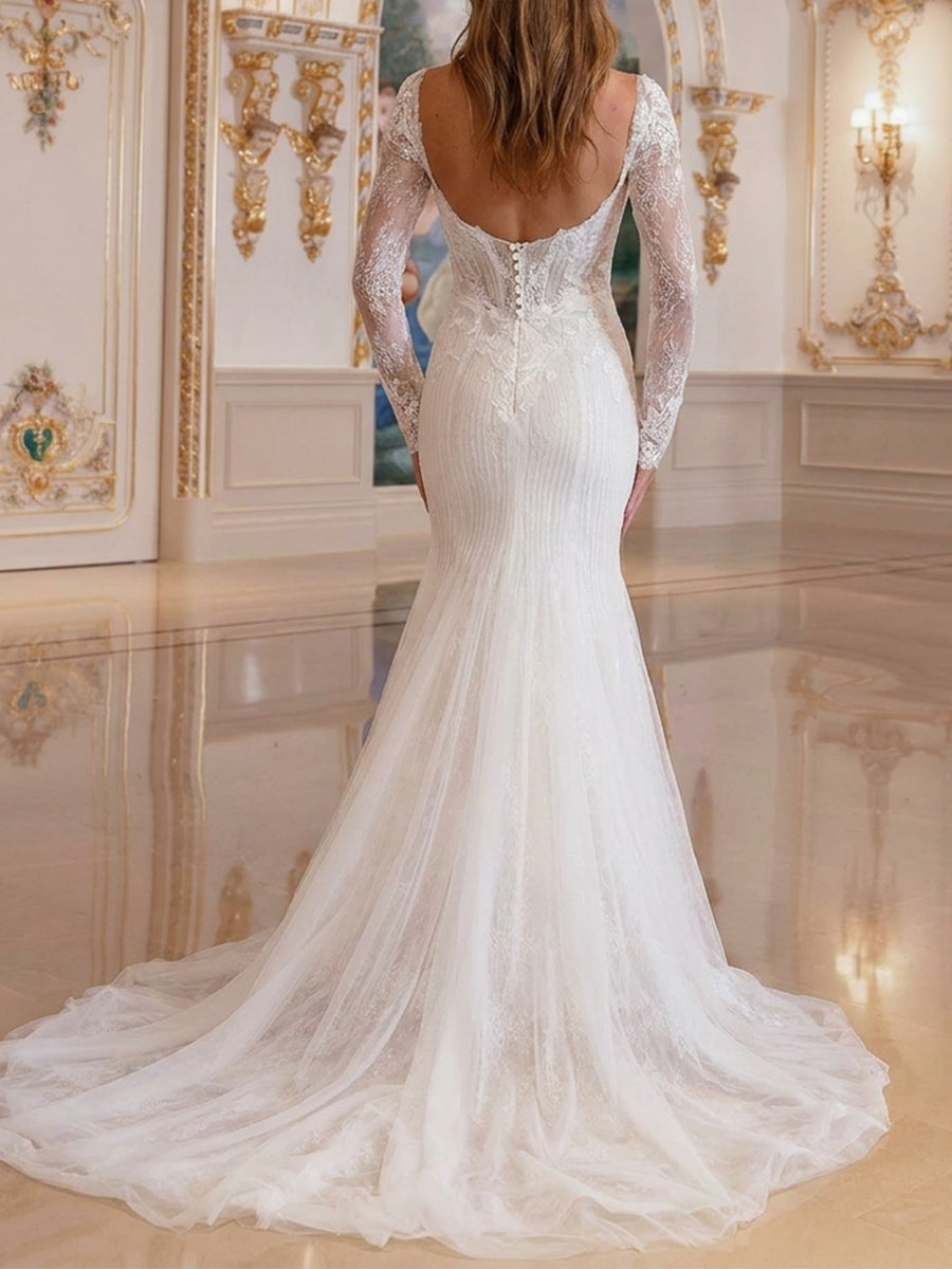 Trumpet/Mermaid Spaghetti Straps Appliques Lace Court Train Tulle Wedding Dresses