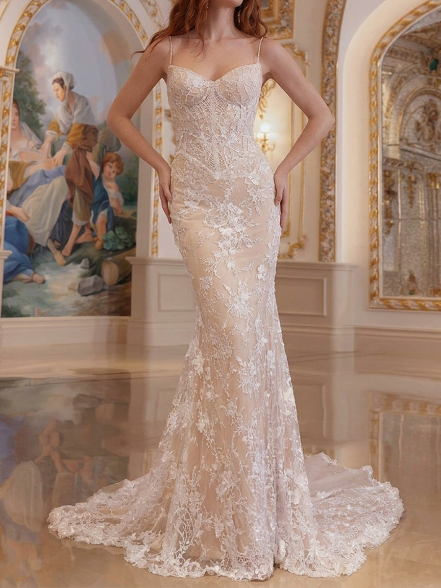 Trumpet/Mermaid Spaghetti Straps Appliques Lace Chapel Train Lace Wedding Dresses