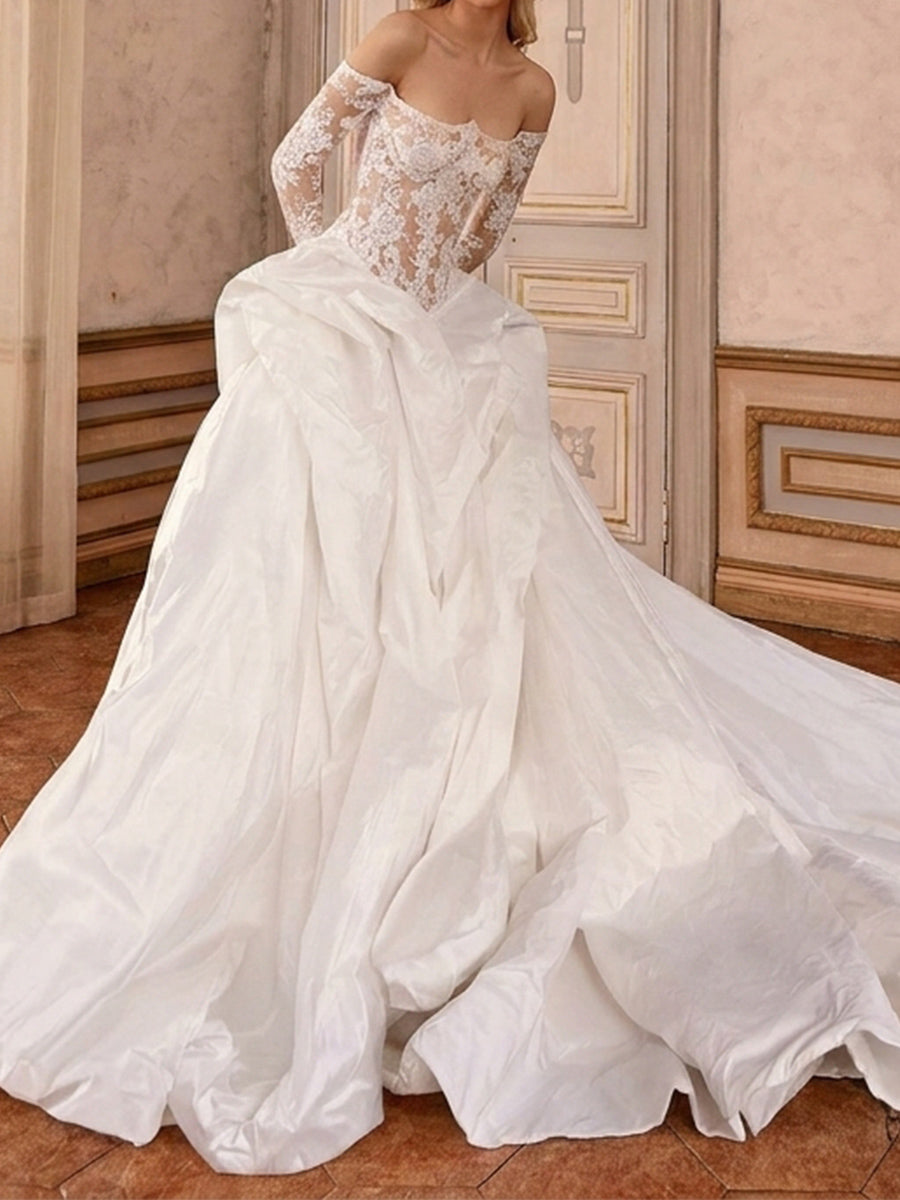 A-line/Princess Off-the-Shoulder Long Sleeves Appliques Lace Cathedral Train Taffeta Wedding Dresses