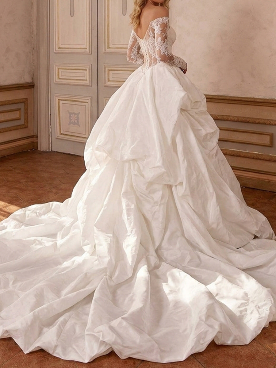 A-line/Princess Off-the-Shoulder Long Sleeves Appliques Lace Cathedral Train Taffeta Wedding Dresses