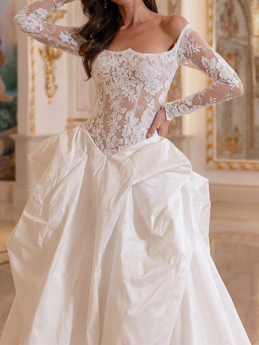 A-line/Princess Off-the-Shoulder Long Sleeves Appliques Lace Cathedral Train Taffeta Wedding Dresses