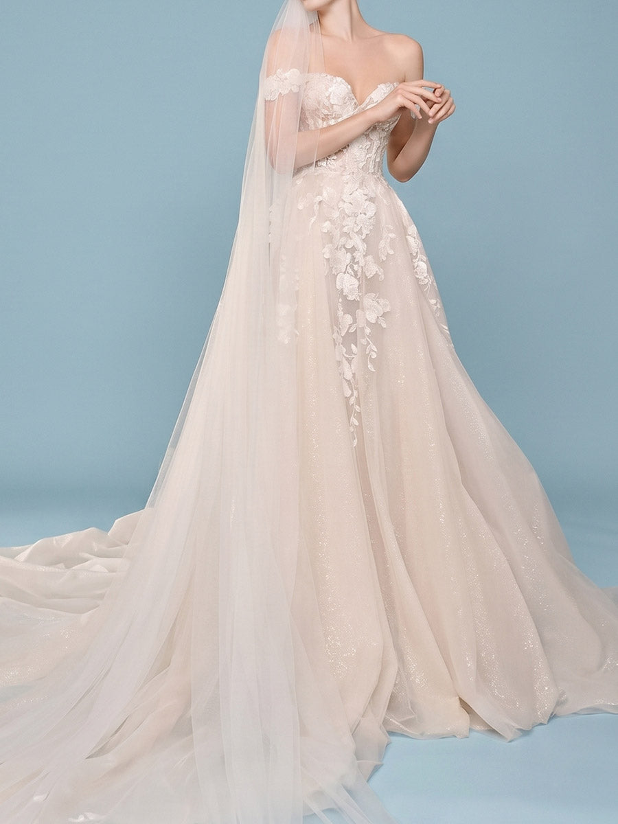 A-line/Princess Off-the-Shoulder Appliques Lace Court Train Lace Wedding Dresses