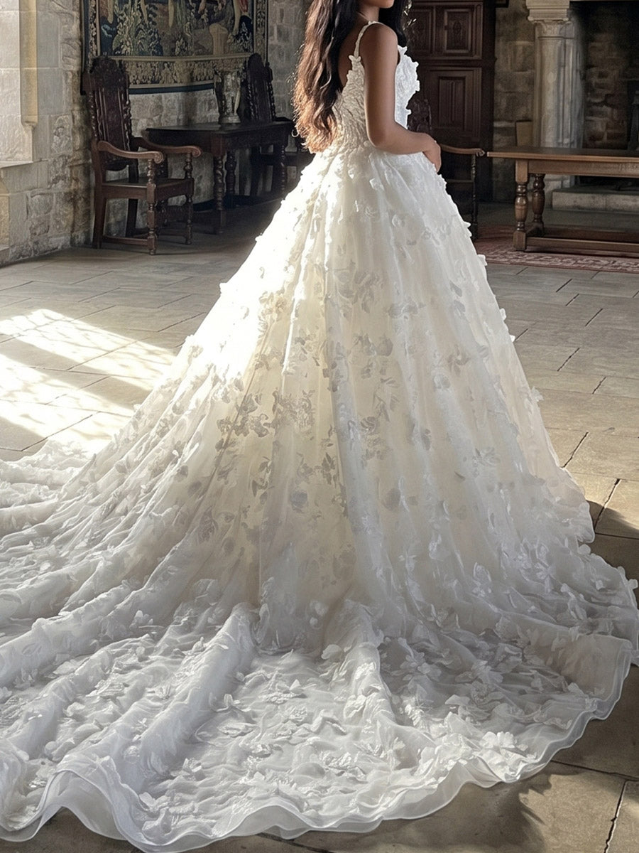 A-line/Princess Off-the-Shoulder Flower Sweep Train Tulle Wedding Dresses