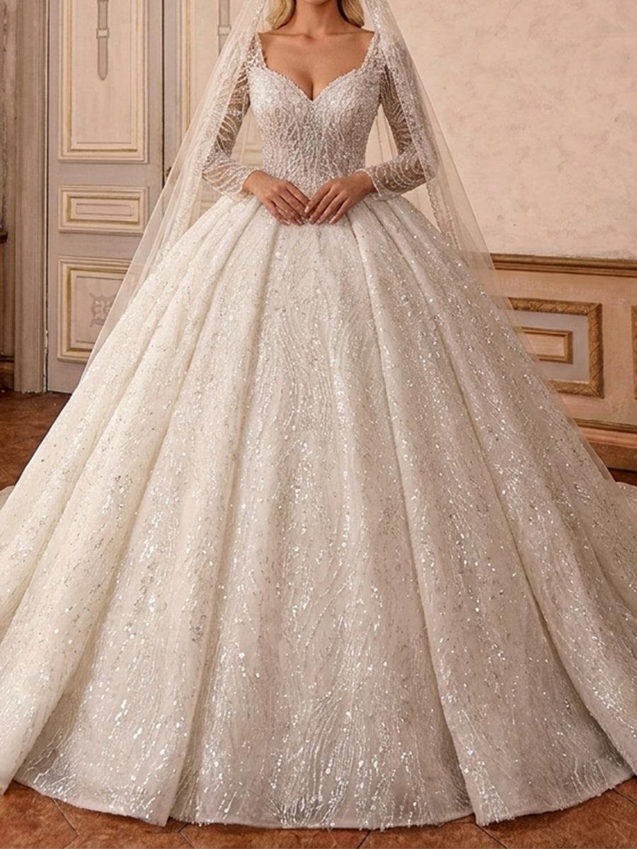 Ball-Gown Sweetheart Long Sleeves Appliques Lace Chapel Train Tulle Wedding Dresses