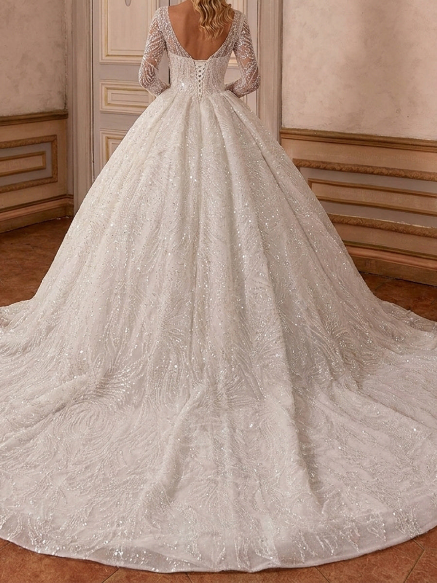 Ball-Gown Sweetheart Long Sleeves Appliques Lace Chapel Train Tulle Wedding Dresses
