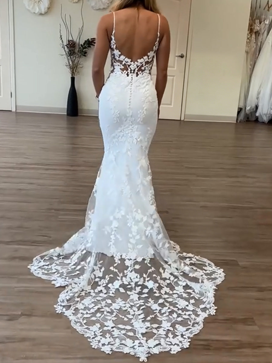Sheath/Column Spaghetti Straps Appliques Lace Sweep Train Stretch Crepe Wedding Dresses