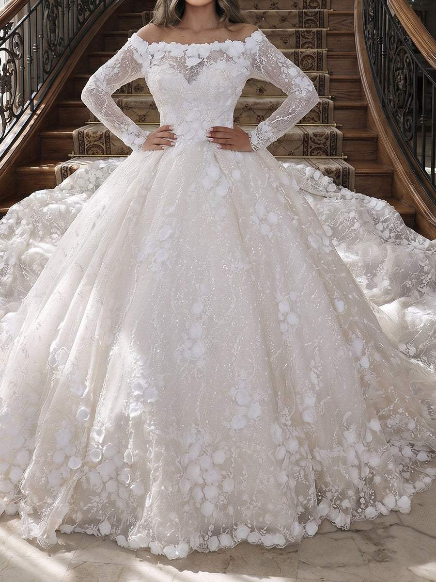 A-line/Princess Off-the-Shoulder Long Sleeves Appliques Lace Chapel Train Lace Wedding Dresses