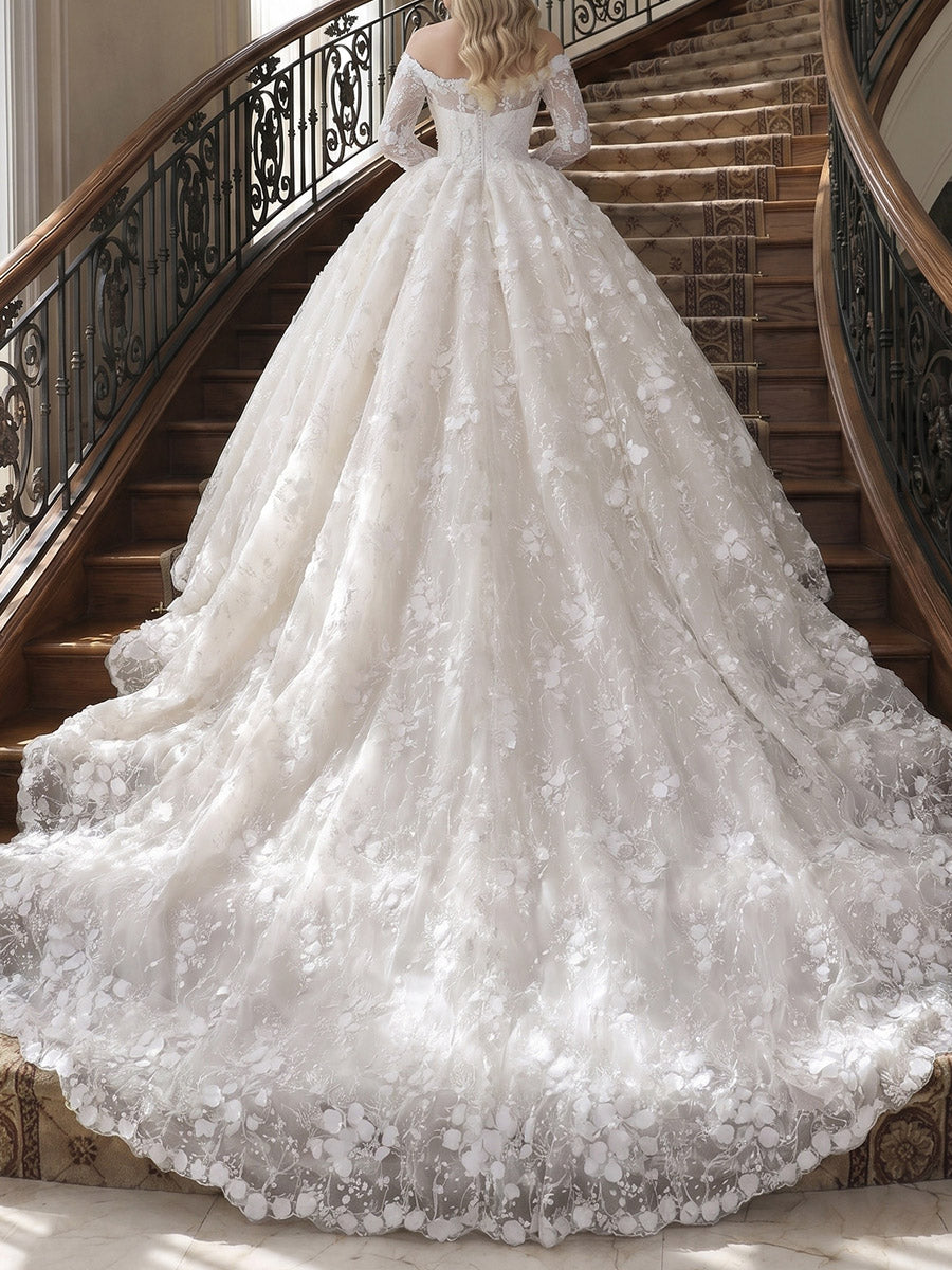 A-line/Princess Off-the-Shoulder Long Sleeves Appliques Lace Chapel Train Lace Wedding Dresses