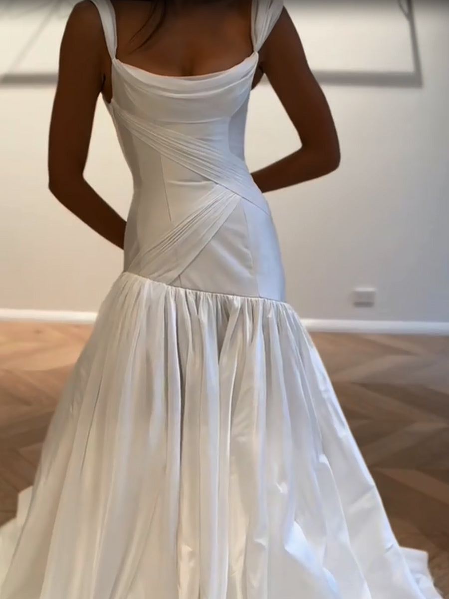A-line/Princess Straps Pleated Court Train Taffeta Wedding Dresses