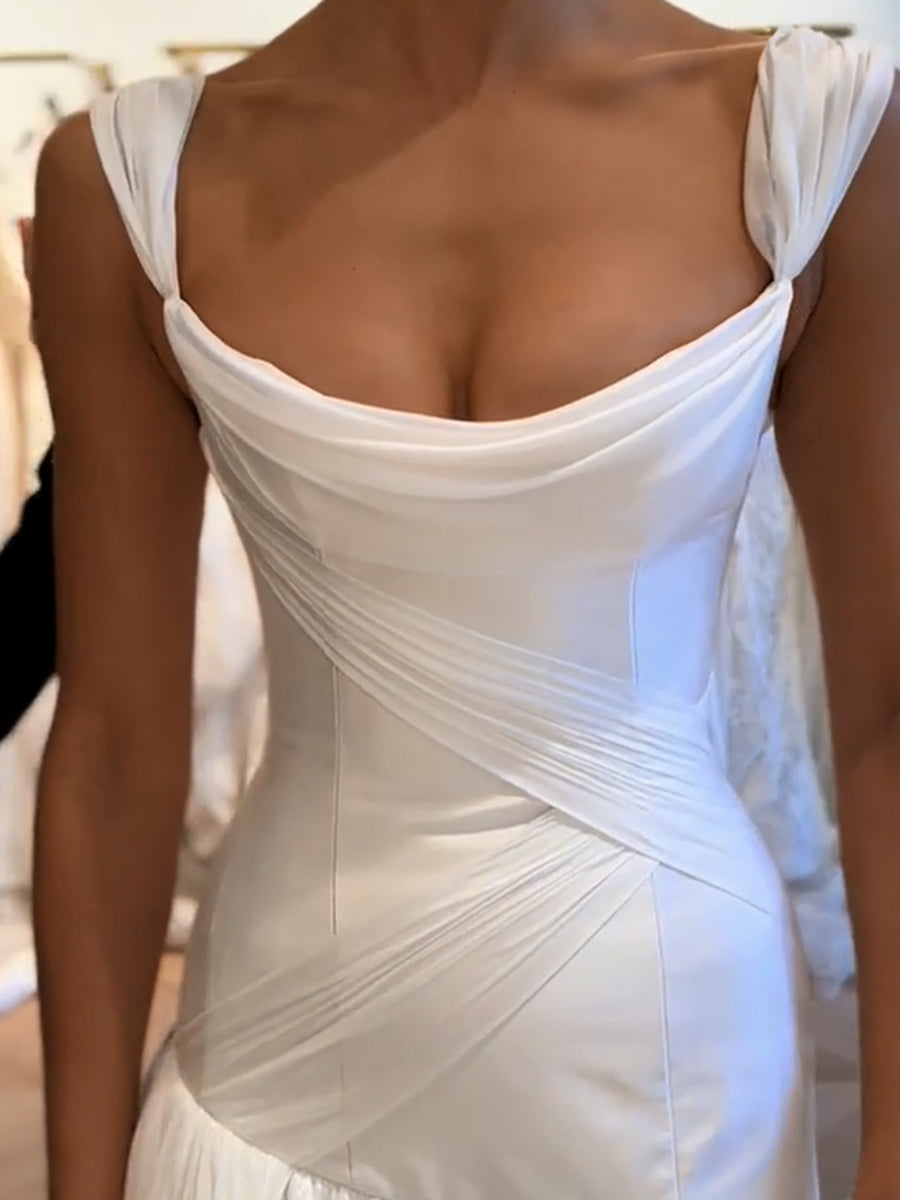 A-line/Princess Straps Pleated Court Train Taffeta Wedding Dresses