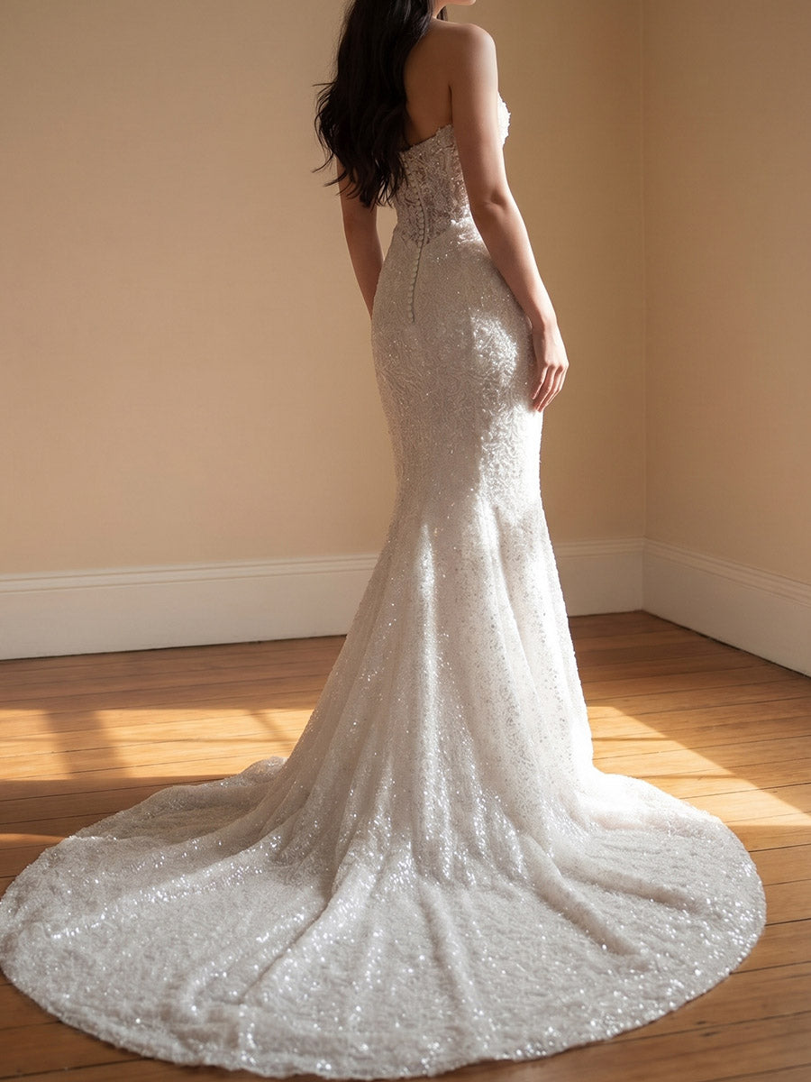 Sheath/Column Scoop Sequin Sweep Train Lace Wedding Dresses