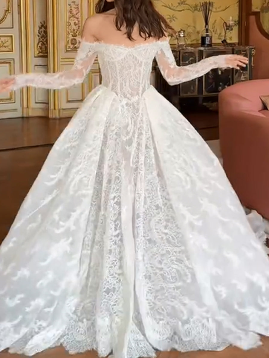 A-line/Princess Off-the-Shoulder Long Sleeves Appliques Lace Cathedral Train Lace Wedding Dresses