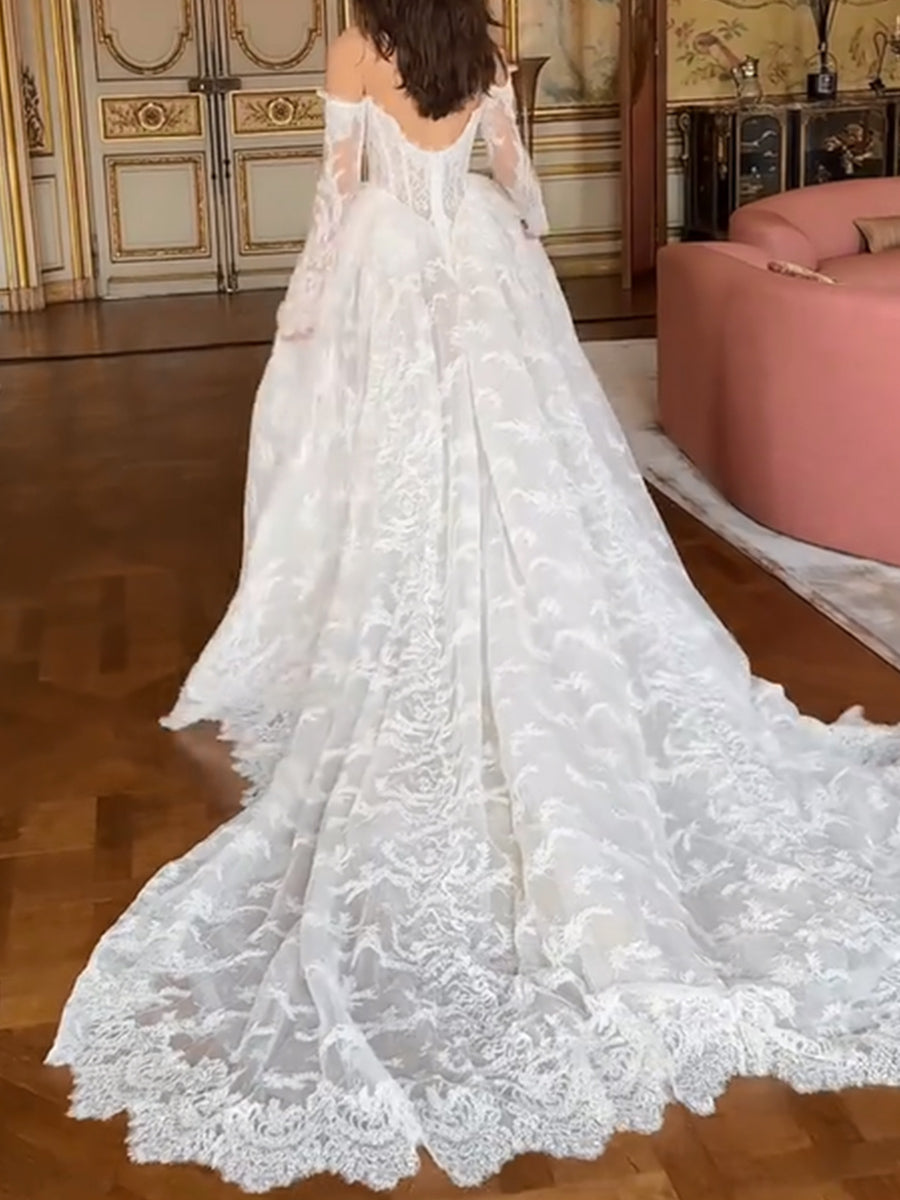 A-line/Princess Off-the-Shoulder Long Sleeves Appliques Lace Cathedral Train Lace Wedding Dresses