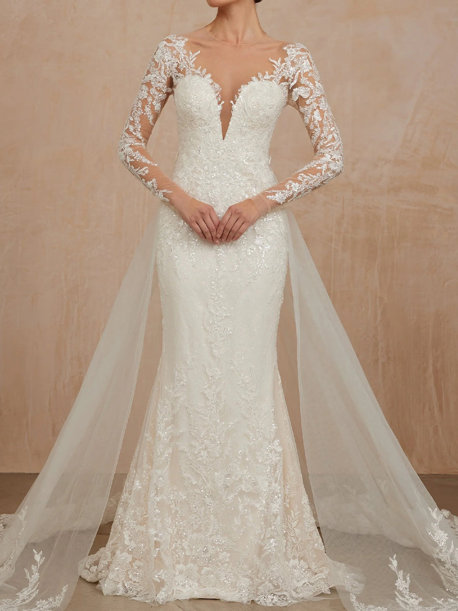 Sheath/Column V-neck Long Sleeves Appliques Lace Sweep Train Lace Wedding Dresses