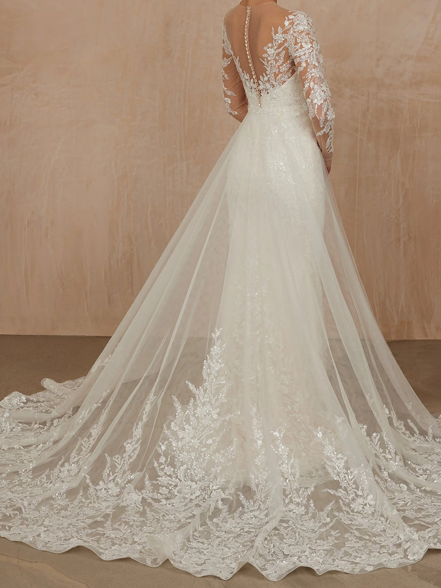 Sheath/Column V-neck Long Sleeves Appliques Lace Sweep Train Lace Wedding Dresses