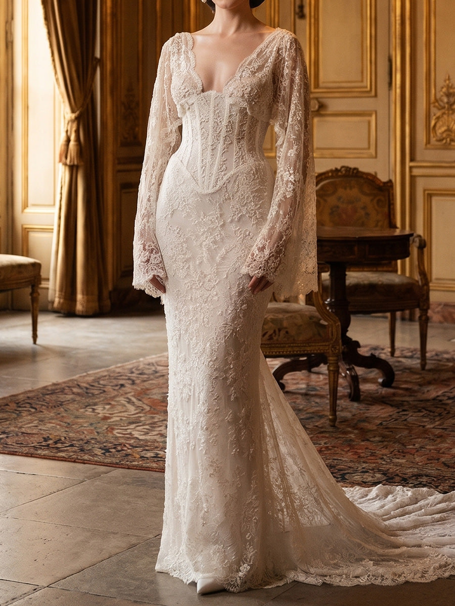 Sheath/Column V-neck Long Sleeves Appliques Lace Sweep Train Lace Wedding Dresses
