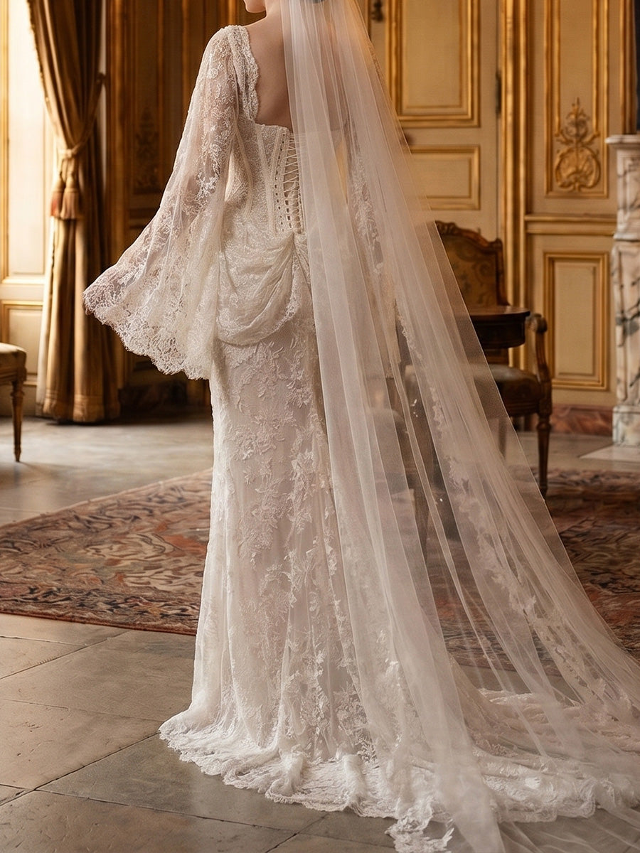 Sheath/Column V-neck Long Sleeves Appliques Lace Sweep Train Lace Wedding Dresses