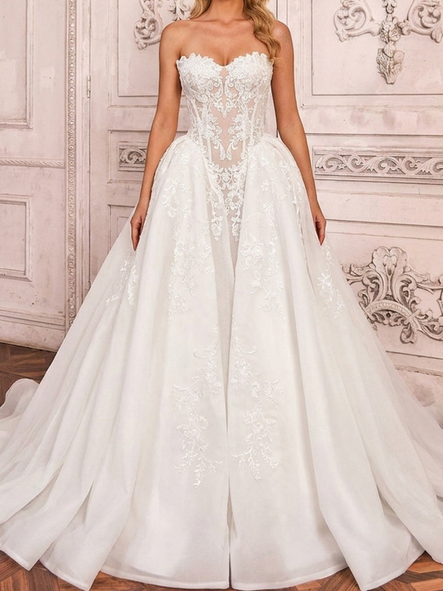 Ball-Gown Sweetheart Appliques Lace Cathedral Train Organza Wedding Dresses