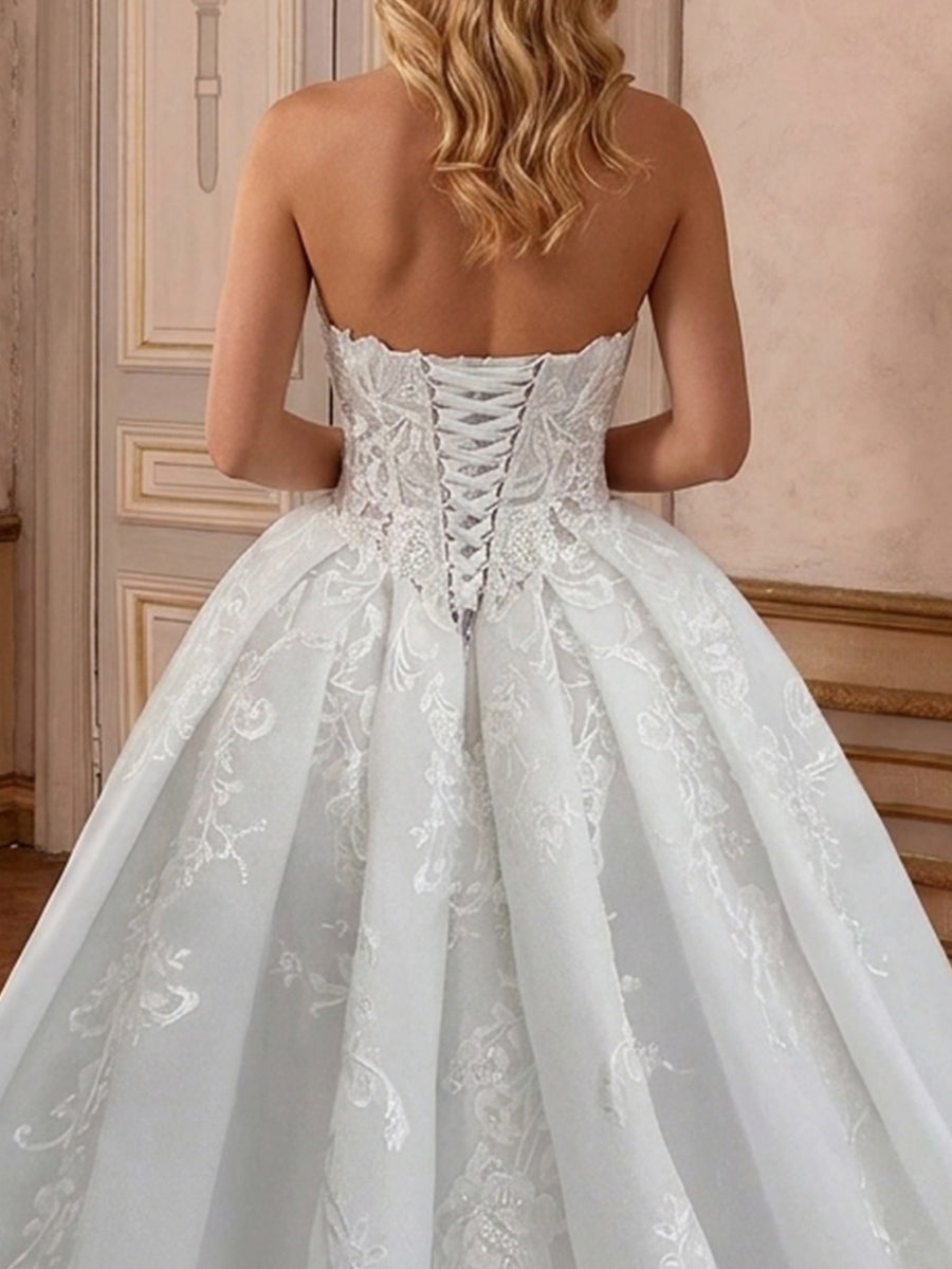 Ball-Gown Sweetheart Appliques Lace Cathedral Train Organza Wedding Dresses