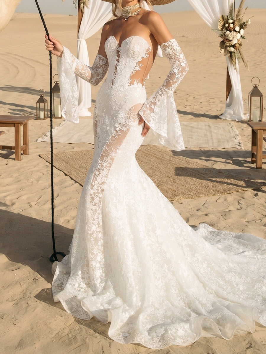 Sheath/Column Sweetheart Long Sleeves Appliques Lace Sweep Train Lace Wedding Dresses