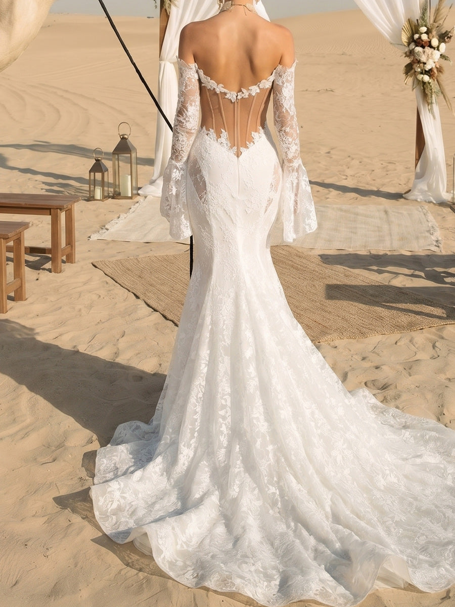 Sheath/Column Sweetheart Long Sleeves Appliques Lace Sweep Train Lace Wedding Dresses
