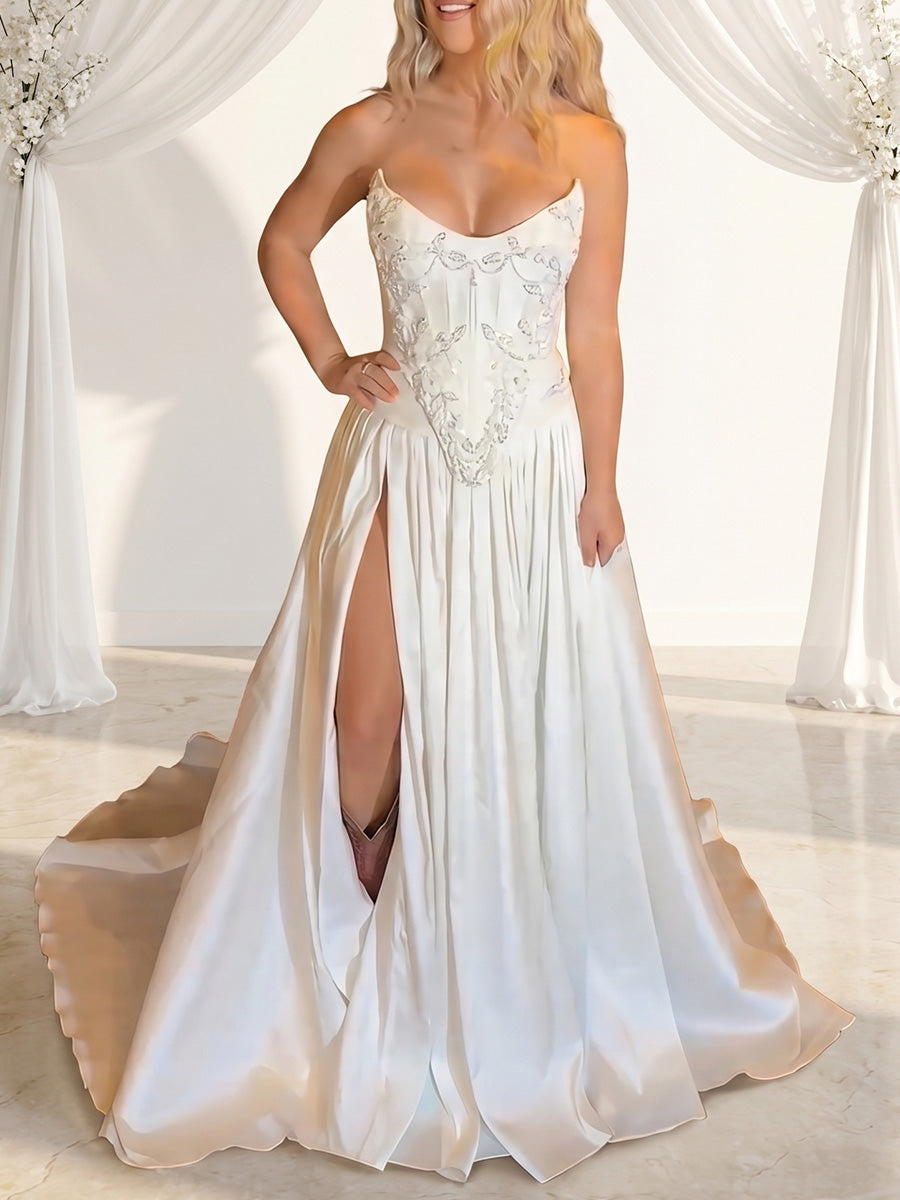 A-line/Princess Straight Beading Sweep Train Satin Wedding Dresses
