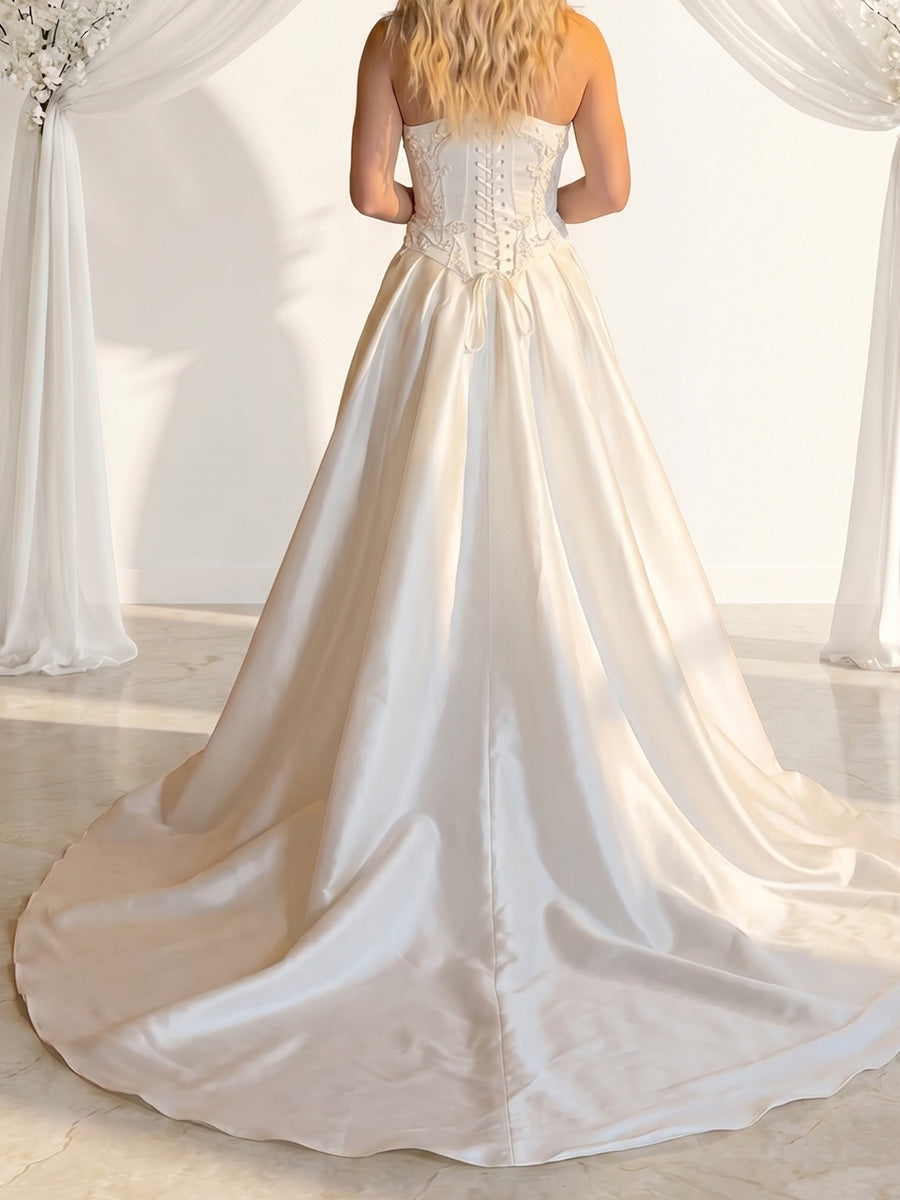 A-line/Princess Straight Beading Sweep Train Satin Wedding Dresses