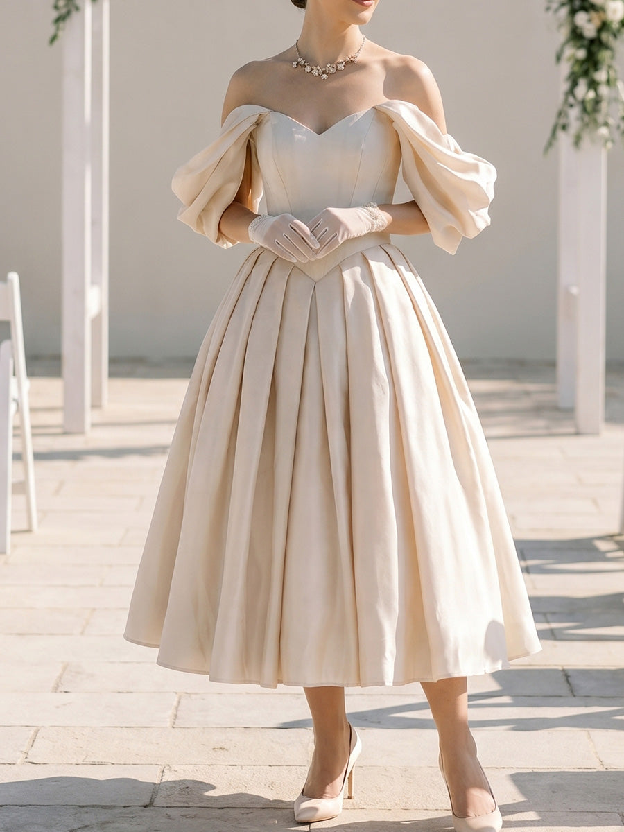 A-line/Princess Off-the-Shoulder Tea-Length Satin Wedding Dresses