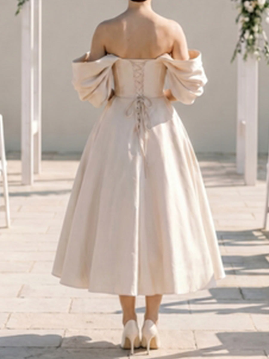 A-line/Princess Off-the-Shoulder Tea-Length Satin Wedding Dresses