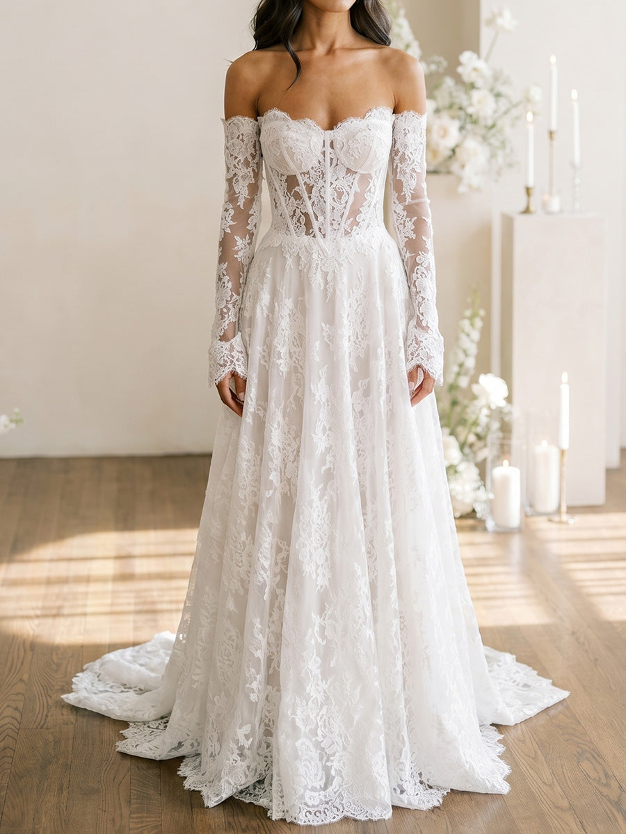A-line/Princess Straight Long Sleeves Appliques Lace Sweep Train Lace Wedding Dresses